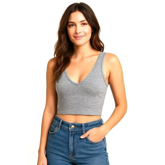 Colsie Gray Ribbed Knit Deep V Neck Cropped Tank Lounge Stretchy Soft Top XL - Picture 2 of 8